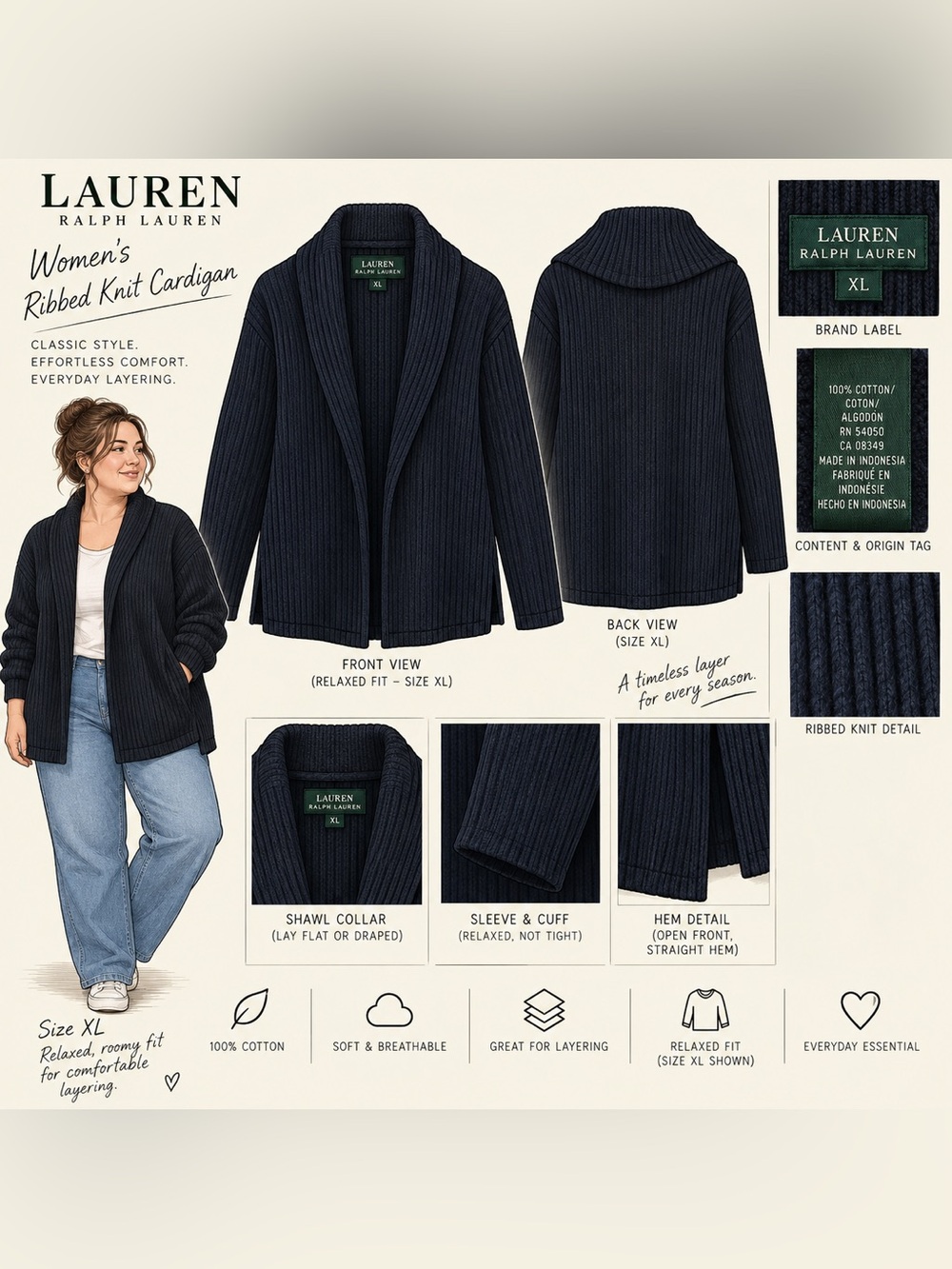 Lauren Ralph Lauren Navy Ribbed Shawl-Collar Cardigan
